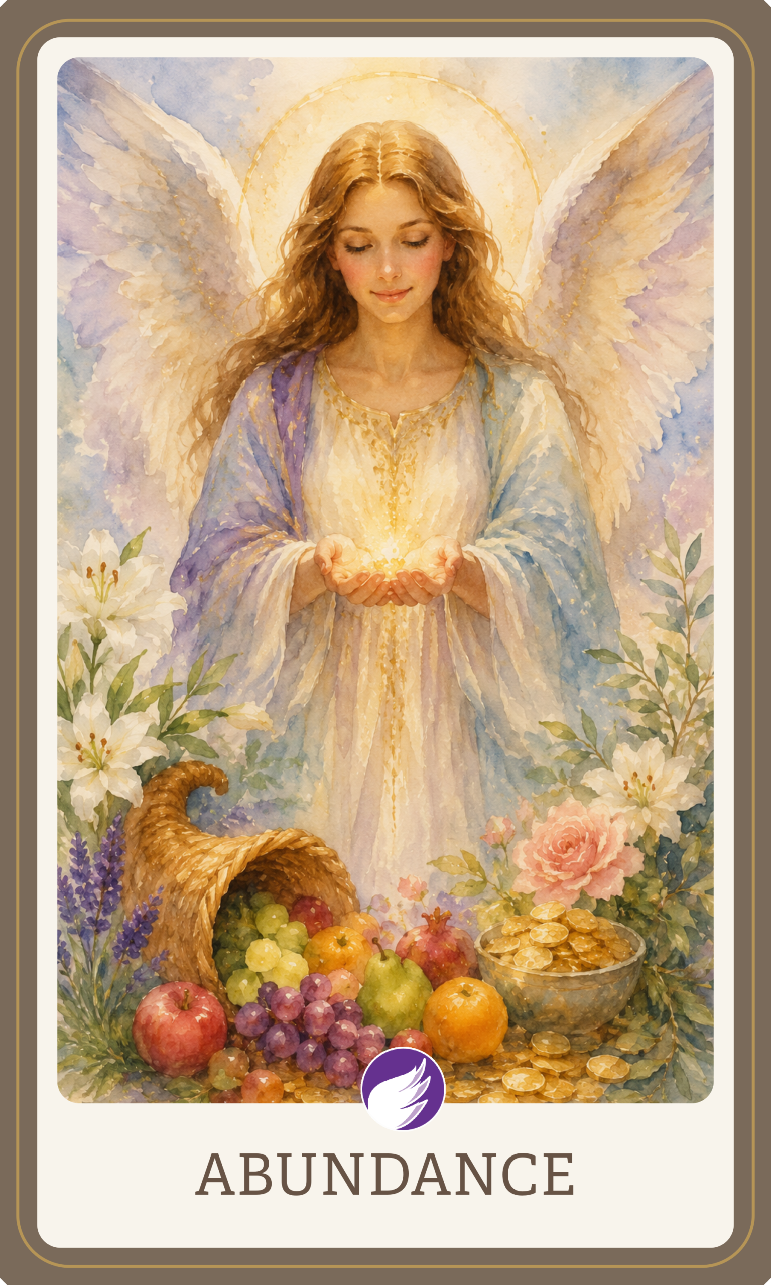 Angel of Abundance – Awaken With Angels Oracle Card Watercolor angel of abundance holding a radiant light, surrounded by flowers, fruit, and symbols of prosperity.