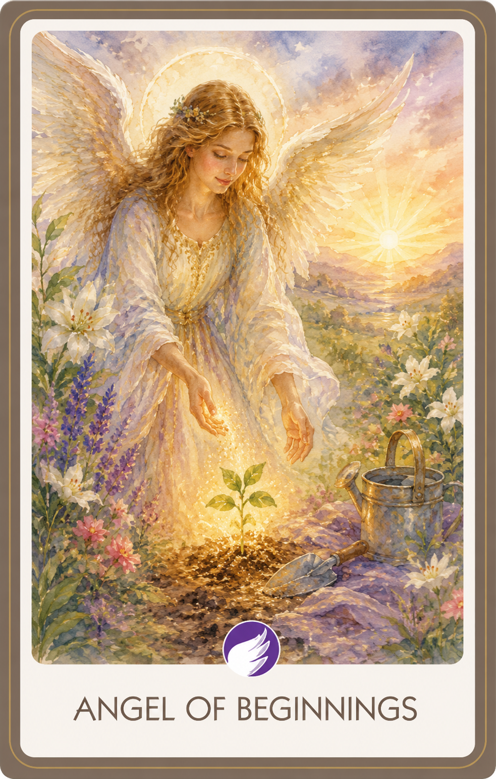 Watercolor illustration of a radiant angel welcoming a new beginning, standing at a flowering garden gate beneath the morning sun with a path leading toward a bright horizon.