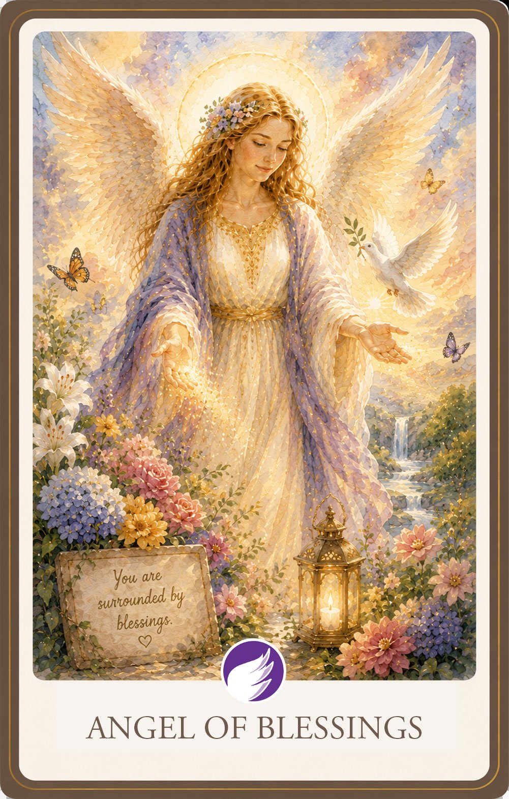 Watercolor illustration of a radiant angel offering blessings with outstretched hands, surrounded by soft golden light and blooming flowers, symbolizing grace, gratitude, and divine abundance.