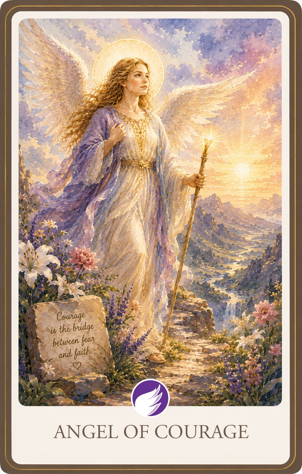 Angel-of-Courage Watercolor illustration of a radiant angel standing confidently on a mountain path at sunrise, holding a glowing staff as light fills the valley below, symbolizing courage, strength, and unwavering faith.