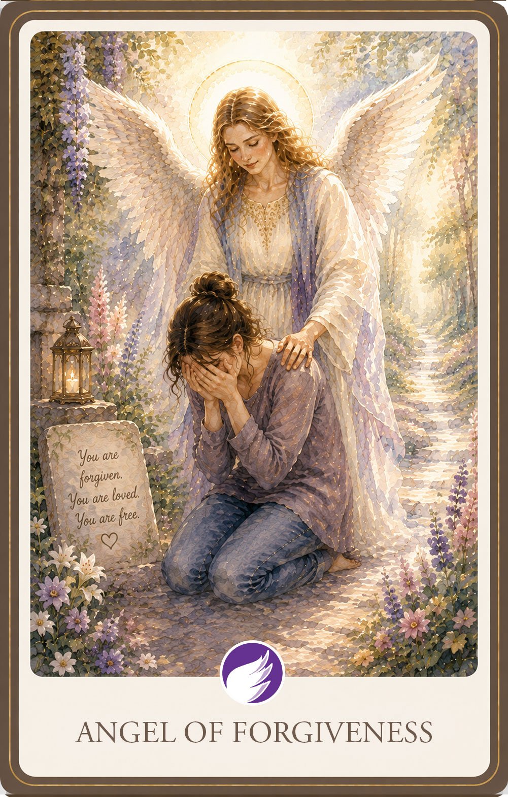 Watercolor illustration of a compassionate guardian angel standing behind a grieving person kneeling on a garden path, gently resting a comforting hand on their shoulder as warm golden light surrounds them, symbolizing forgiveness, healing, and unconditional love.