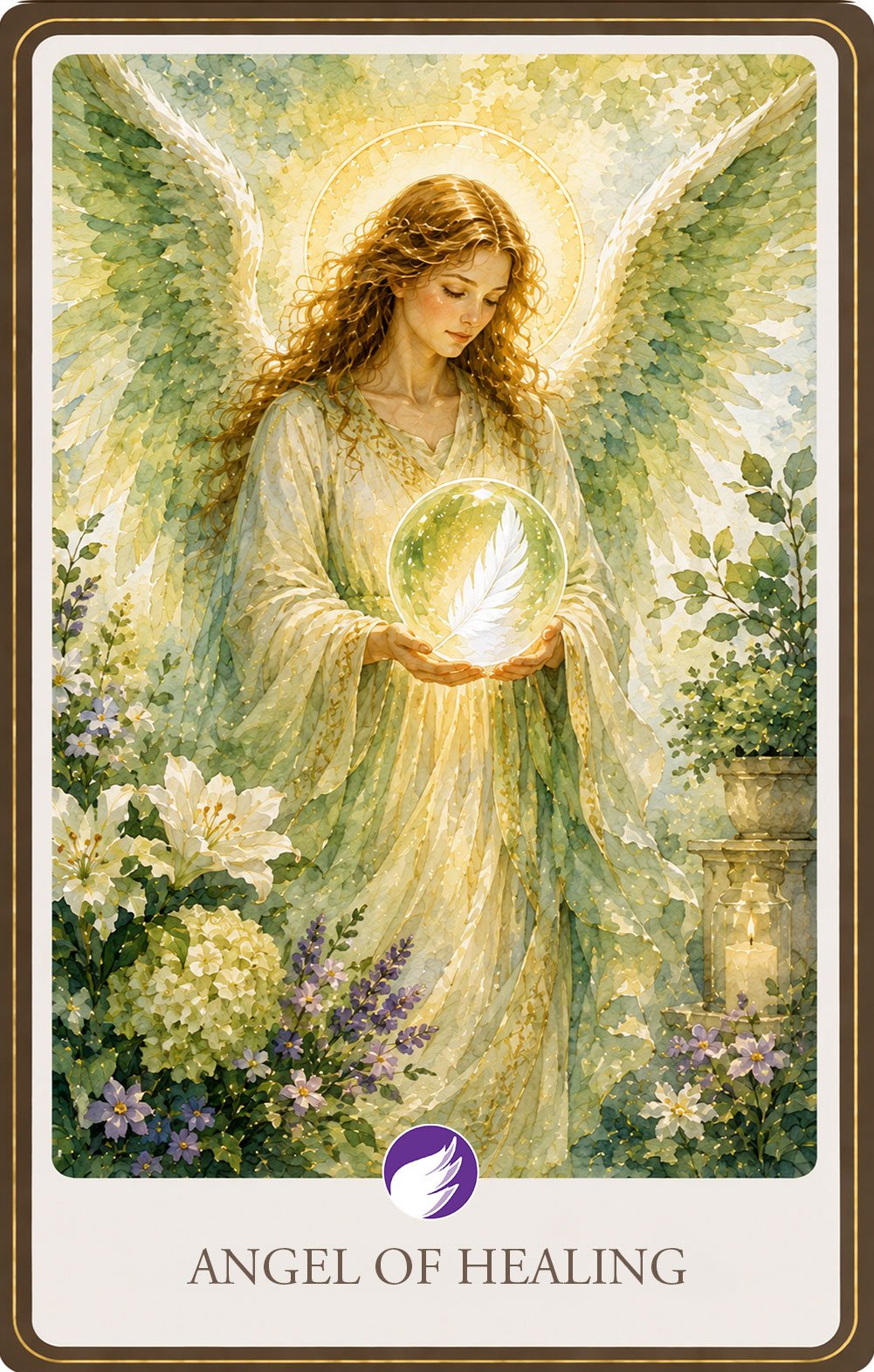 Watercolor illustration of a radiant guardian angel holding a glowing orb with a white feather at its center, surrounded by luminous green wings and soft golden light, symbolizing healing, renewal, hope, and restoration.