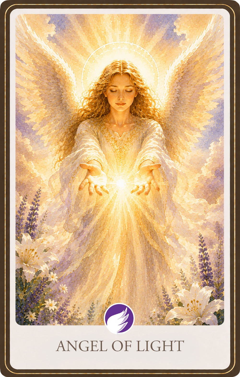 Watercolor illustration of a radiant guardian angel with welcoming outstretched hands, surrounded by warm golden light and soft pastel skies, symbolizing divine light, hope, guidance, and unconditional love.