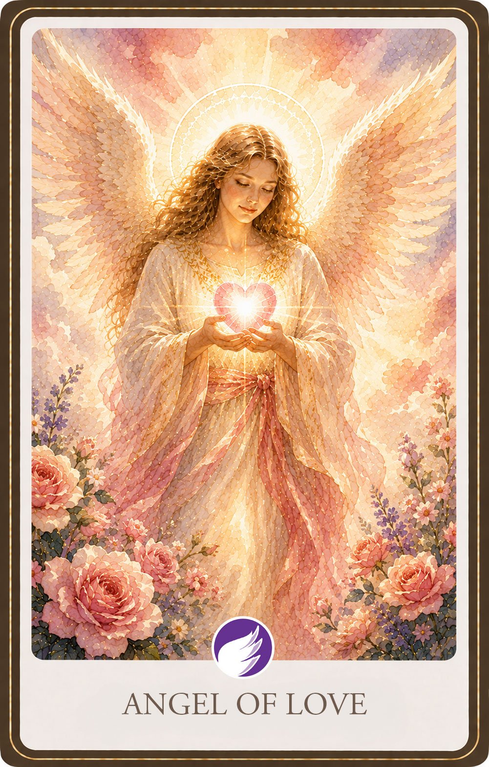 Angel-of-Love Watercolor illustration of a radiant guardian angel gently holding a glowing heart of light in both hands, surrounded by blooming roses, soft pastel skies, and warm golden light, symbolizing unconditional love, compassion, kindness, and the healing power of the heart.