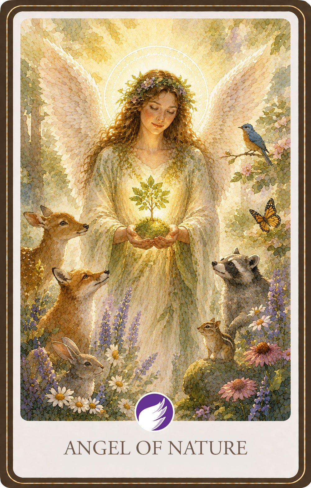 Watercolor illustration of a radiant guardian angel gently holding a glowing young tree while surrounded by a deer, fox, rabbit, raccoon, chipmunk, bluebird, butterfly, and blooming wildflowers, symbolizing harmony with nature, growth, peace, and the interconnectedness of all living things.
