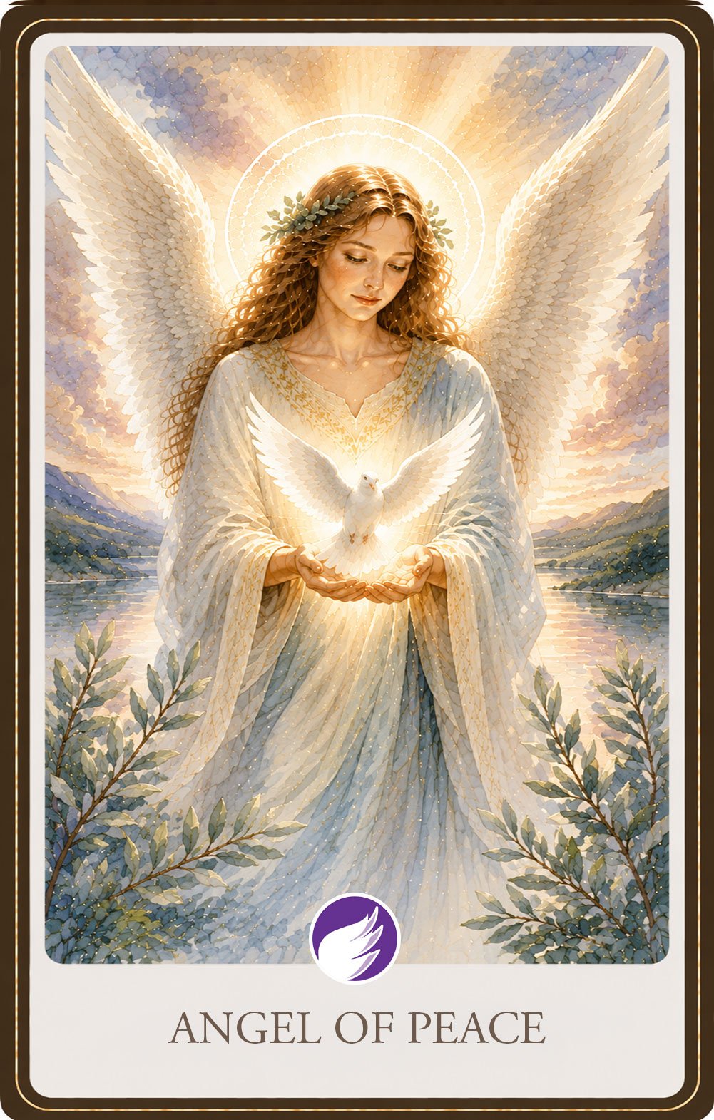 Watercolor illustration of a radiant guardian angel gently holding a glowing white dove in open hands, surrounded by soft golden light, peaceful skies, calm water, and delicate olive branches, symbolizing peace, serenity, hope, and divine comfort.