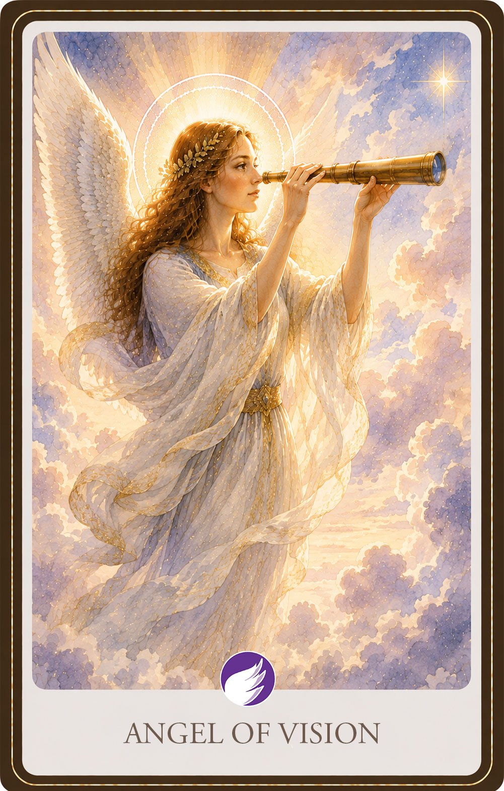 Watercolor illustration of a radiant guardian angel gazing through an antique brass telescope while floating among soft pastel clouds, surrounded by golden light and a luminous halo, symbolizing vision, clarity, hope, divine guidance, and seeing beyond present circumstances.