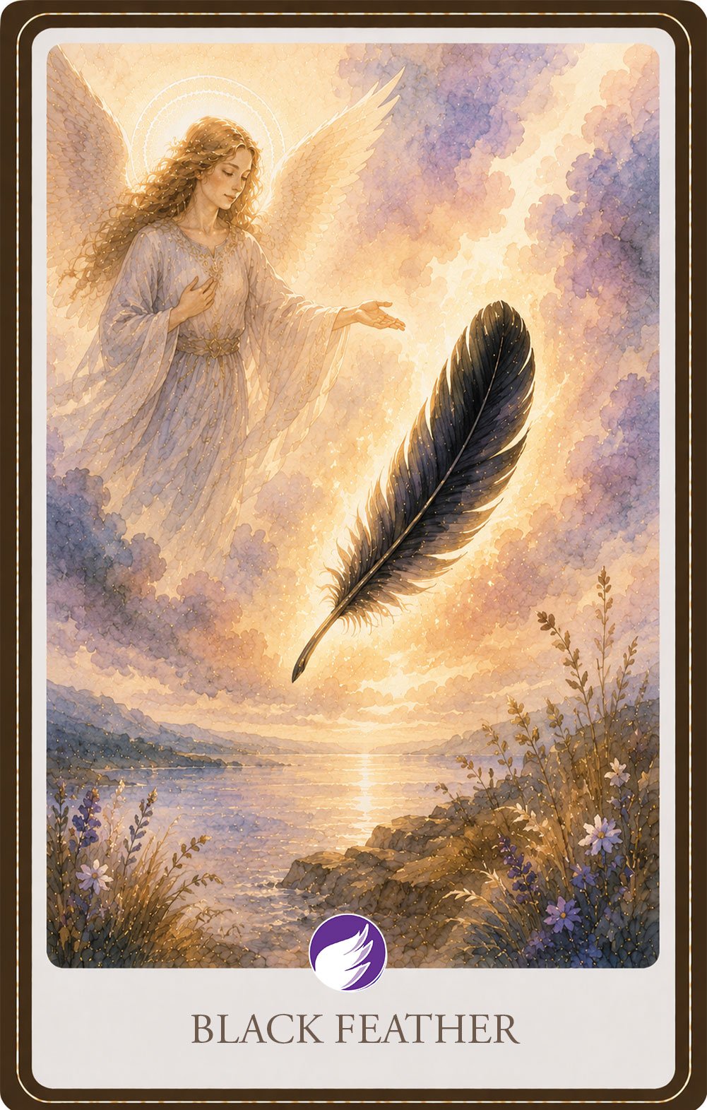 Watercolor illustration of a radiant guardian angel reaching toward a glowing black feather suspended in golden light above a peaceful shoreline. Soft lavender clouds, warm sunlight, and delicate wildflowers symbolize protection, resilience, spiritual transformation, and finding hope during life's darker seasons.