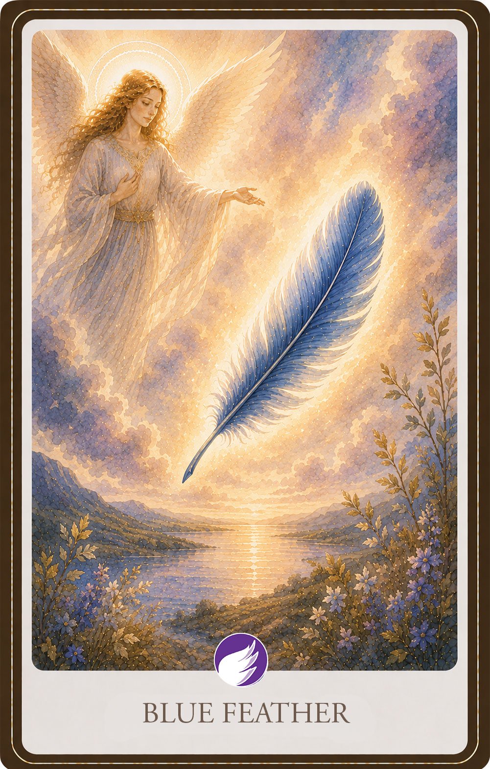 Watercolor illustration of a radiant guardian angel reaching toward a glowing blue feather suspended in warm golden light above a peaceful lakeshore. Soft lavender clouds, distant mountains, and delicate wildflowers symbolize divine guidance, hope, reassurance, and gentle reminders that the angels are always near.