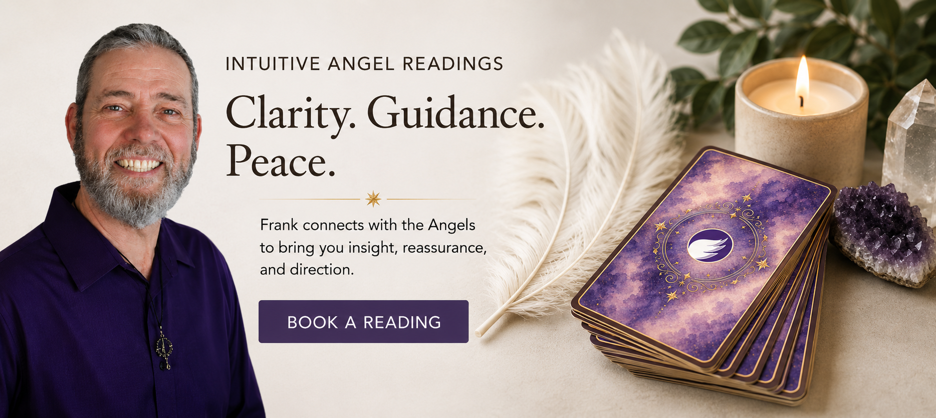 Frank Borga Portrait of Frank Borga beside a warm invitation to explore his compassionate Angel Readings. The soft watercolor design in lavender, cream, and gold features the headline "Looking for More Personal Guidance?" and a prominent button inviting visitors to learn more about Frank's personalized Angel Readings.