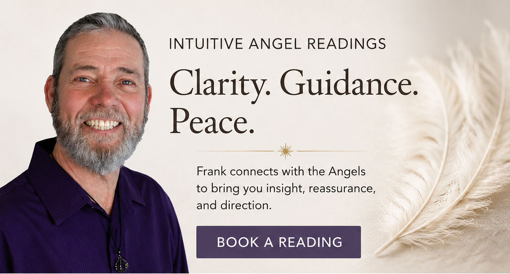 Portrait of Frank Borga beside a warm invitation to explore his compassionate Angel Readings. The soft watercolor design in lavender, cream, and gold features the headline "Looking for More Personal Guidance?" and a prominent button inviting visitors to learn more about Frank's personalized Angel Readings.