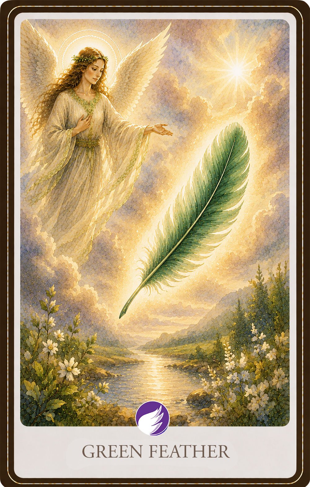 Green-Feather Watercolor illustration of a radiant guardian angel reaching toward a glowing green feather suspended in warm golden light above a peaceful river. Soft lavender clouds, rolling green hills, and delicate wildflowers symbolize healing, growth, abundance, and the renewal that follows new beginnings.