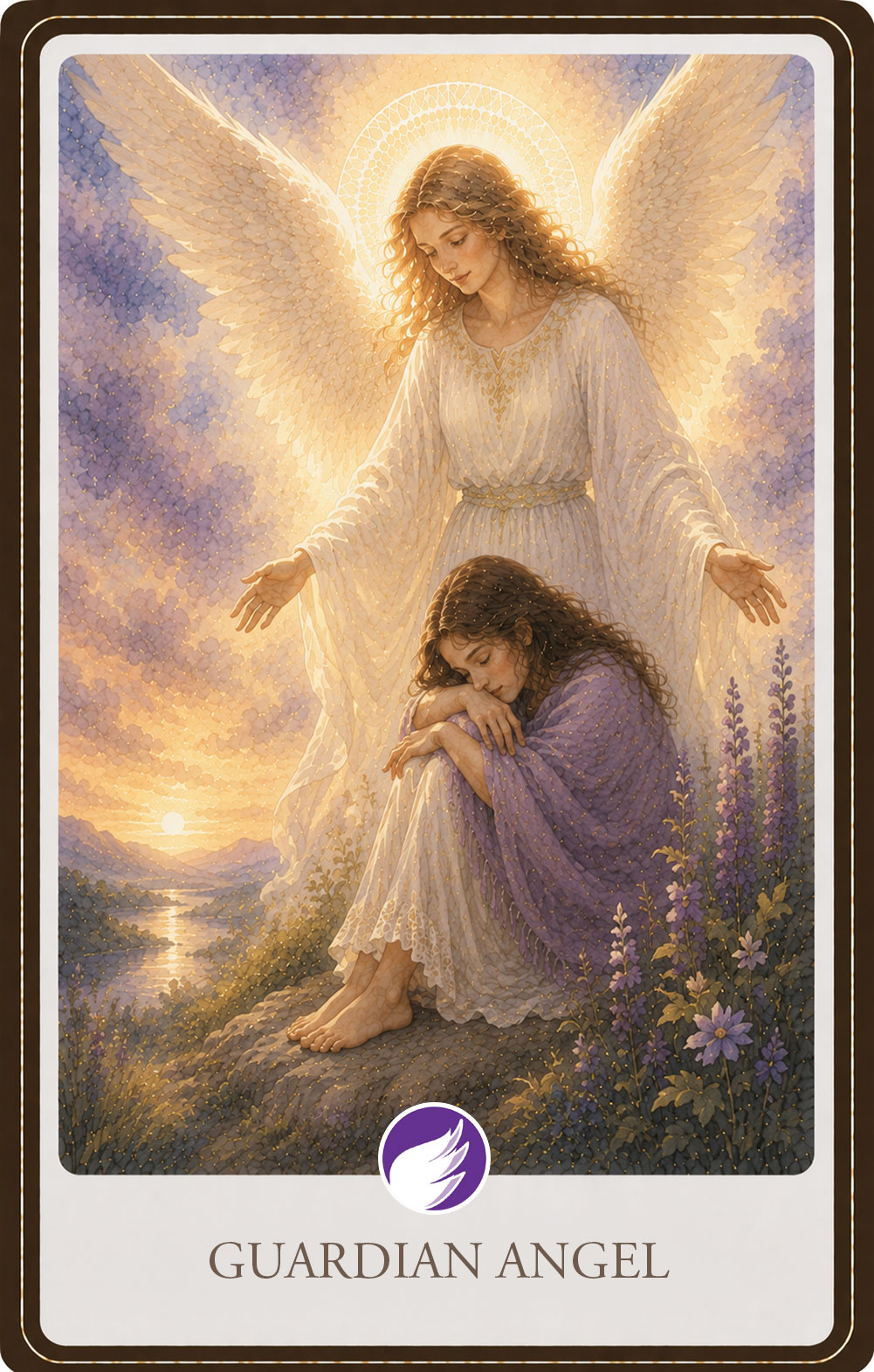 Watercolor illustration of a radiant guardian angel with outstretched wings gently watching over a woman wrapped in a lavender shawl as she rests on a rocky hillside overlooking a peaceful valley at sunrise. Soft golden light symbolizes divine protection, comfort, guidance, and the reassuring presence of a guardian angel.