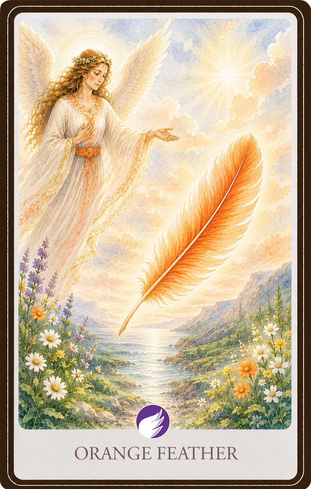 Watercolor illustration of a radiant guardian angel reaching toward a glowing orange feather suspended in warm golden light above a peaceful coastal landscape. Soft blue skies, sunlit clouds, wildflowers, and sparkling water symbolize creativity, joy, confidence, and the courage to embrace new opportunities.