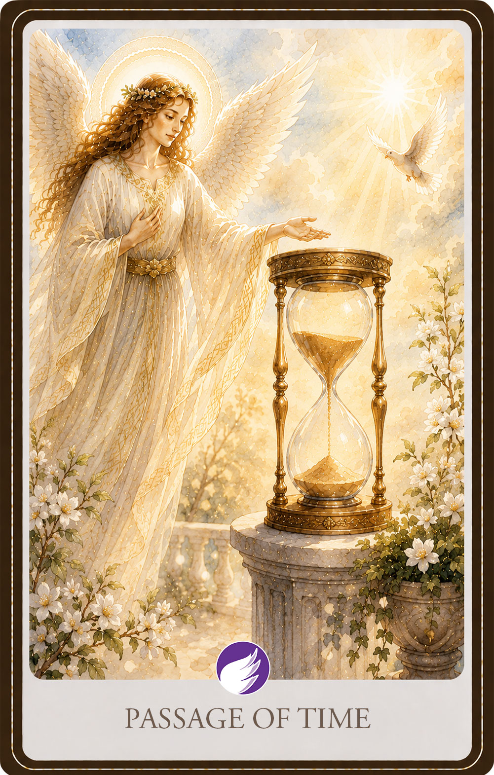 Passage-of-Time Watercolor illustration of a radiant guardian angel standing beside a glowing golden hourglass on a peaceful garden terrace. Warm sunlight, soft clouds, blooming white flowers, and a soaring dove symbolize divine timing, patience, hope, and trusting the unfolding of life's journey.
