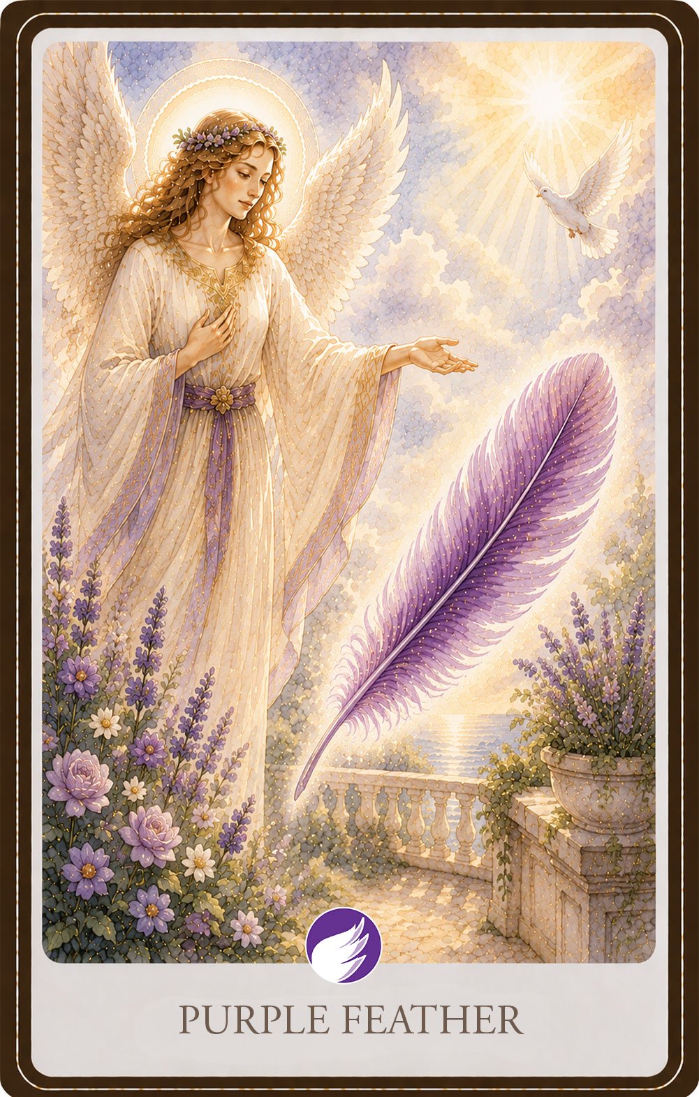 Watercolor illustration of a radiant guardian angel reaching toward a glowing purple feather suspended in warm golden light within a peaceful garden terrace. Blooming lavender flowers, soft clouds, a white dove, and sunlit stone balustrades symbolize spiritual awakening, intuition, wisdom, and a deeper connection with the Divine.