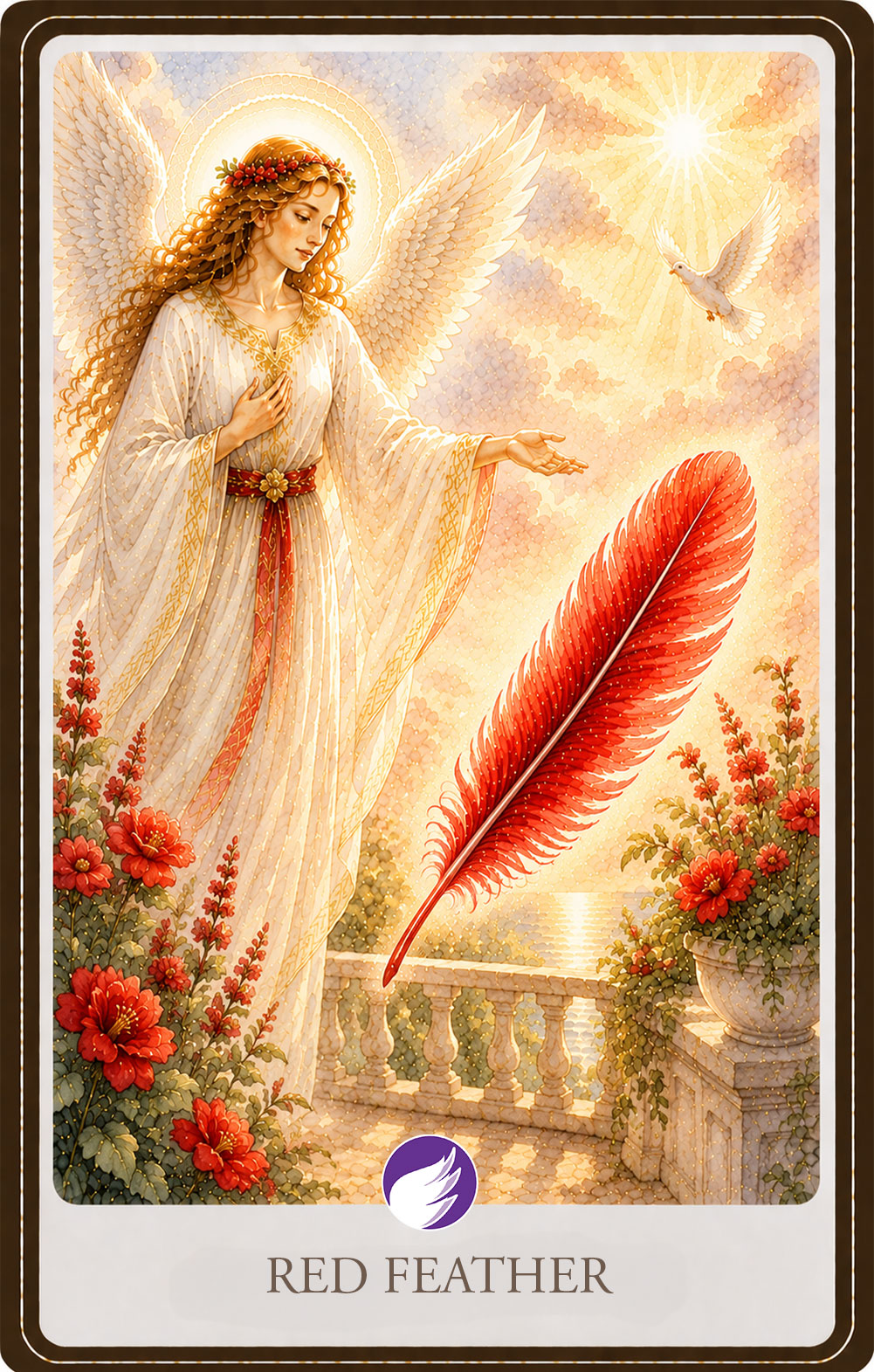 Watercolor illustration of a radiant guardian angel reaching toward a glowing red feather suspended in warm golden light. A peaceful garden with blooming crimson flowers, soft clouds, and a gentle sunrise symbolizes courage, passion, strength, and taking inspired action with confidence.