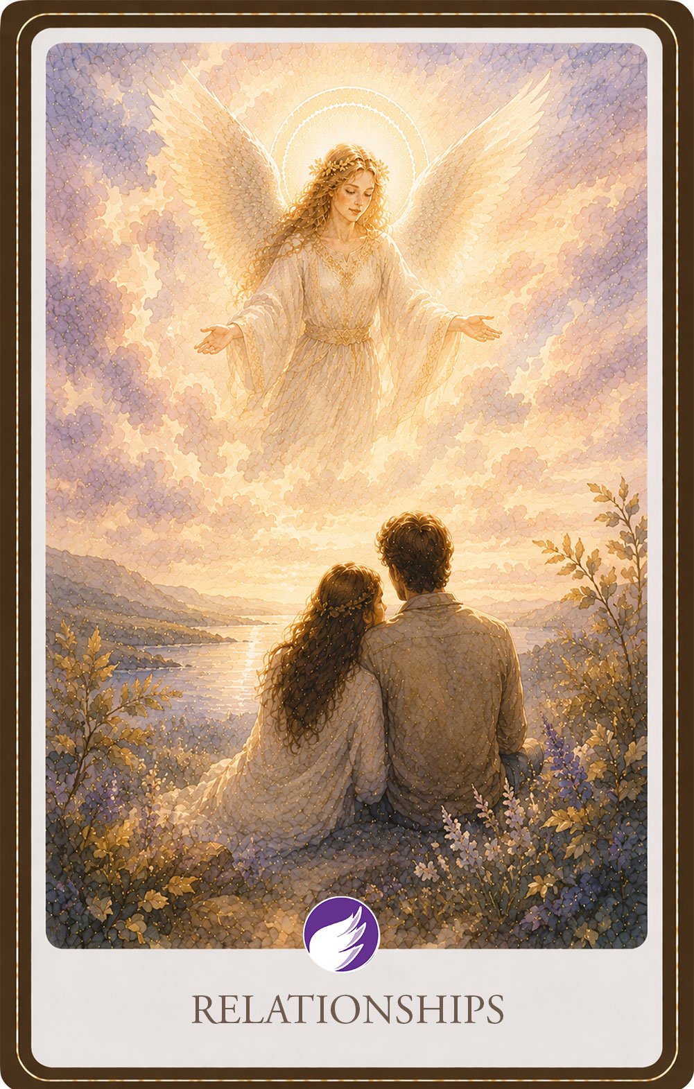 Relationships Watercolor illustration of a radiant guardian angel extending a gentle blessing over a couple seated together overlooking a peaceful lake at sunset. Soft golden light, pastel clouds, and wildflowers symbolize loving relationships, harmony, trust, companionship, and divine guidance.