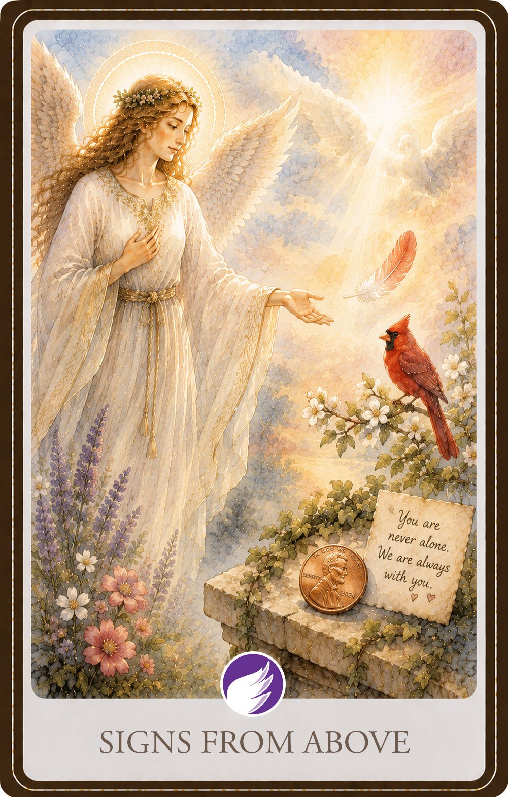 Watercolor illustration of a radiant guardian angel gesturing toward gentle signs from heaven, including a floating feather, a red cardinal, a shining penny, and light breaking through the clouds. A handwritten note, blooming flowers, and warm golden sunlight symbolize the loving reminders that angels are always nearby.