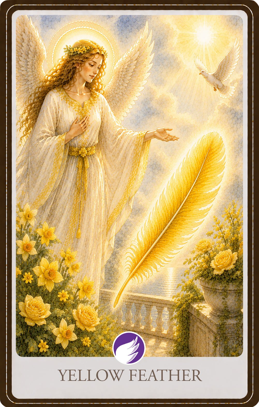 Watercolor illustration of a radiant guardian angel reaching toward a glowing yellow feather suspended in warm golden light above a peaceful garden terrace. Sunlit daffodils, golden roses, a white dove, and soft morning skies symbolize happiness, optimism, confidence, clarity, and the joyful guidance of the angels.