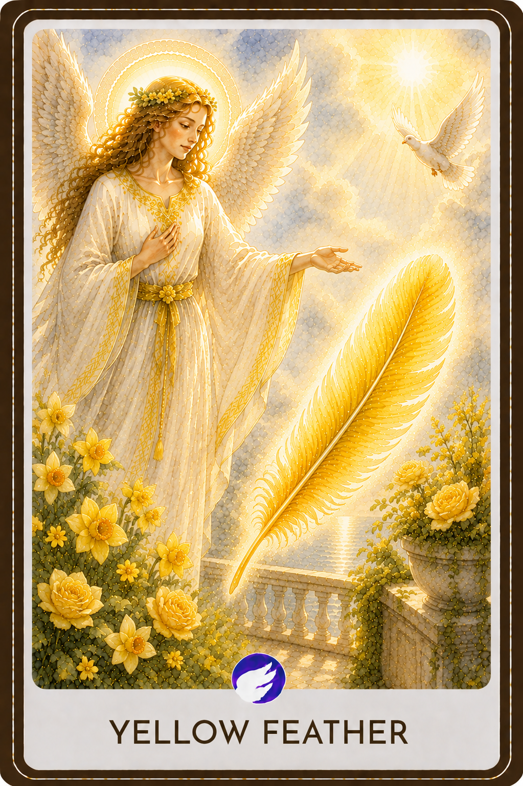 Watercolor illustration of a radiant guardian angel reaching toward a glowing yellow feather suspended in warm golden light above a peaceful garden terrace. Sunlit daffodils, golden roses, a white dove, and soft morning skies symbolize happiness, optimism, confidence, clarity, and the joyful guidance of the angels.